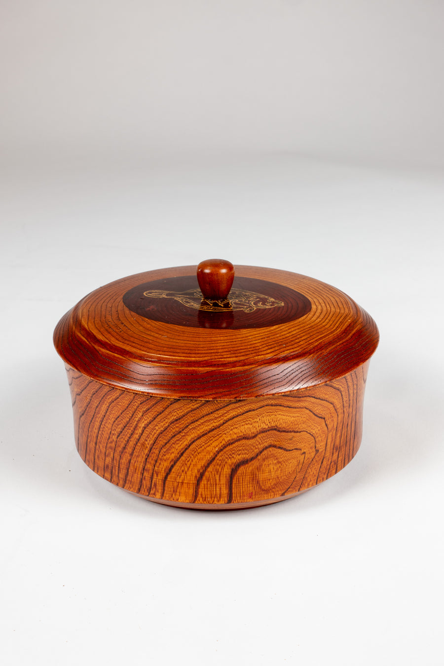 Japanese Keyaki Lidded Bowl with Fish Motif, view 1