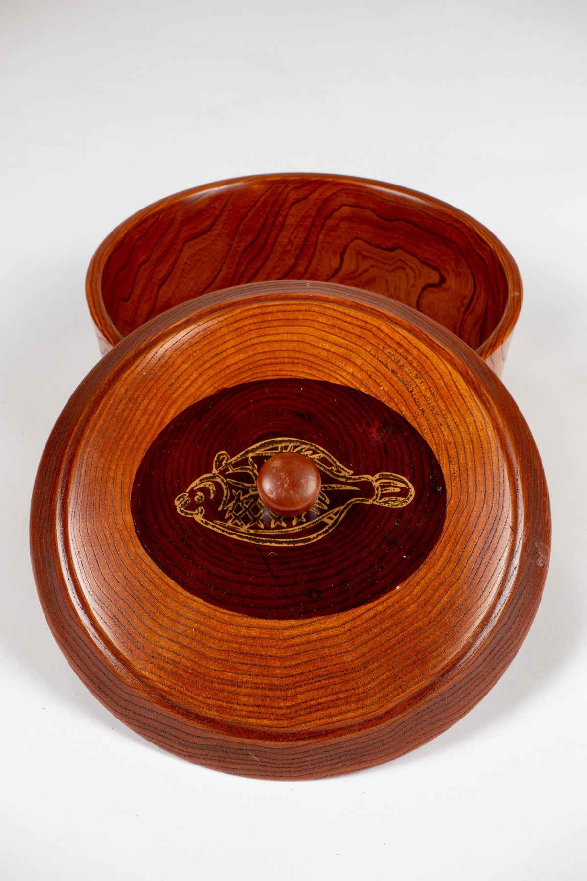 Japanese Keyaki Lidded Bowl with Fish Motif